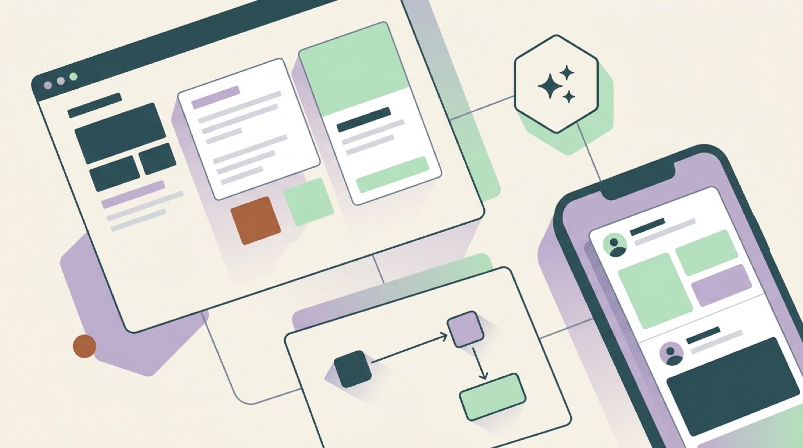 Zusammenspiel von Webdesign, Social Media, KI-Systemen und App-Entwicklung als Design-Collage