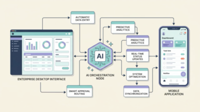 Animiertes Mockup: App-Ökosystem zwischen Desktop, Mobile und Datenfluss